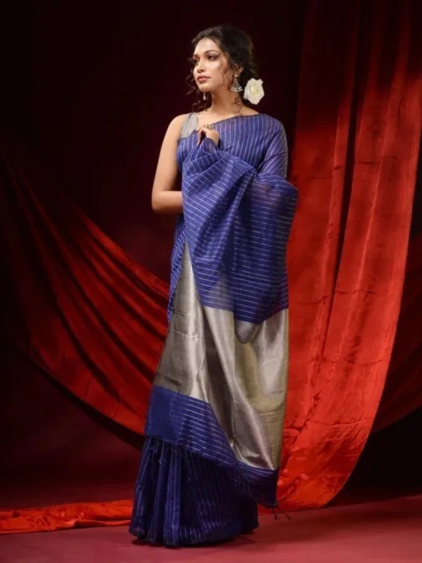 Handloom Zari Strip Gichha Pallu Saree - Blue, Cotton