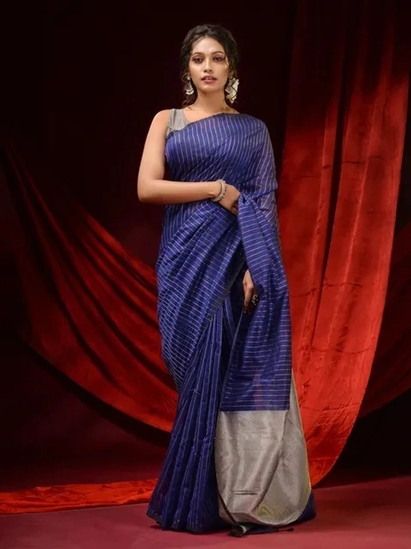 Handloom Zari Strip Gichha Pallu Saree - Blue, Cotton