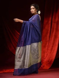 Handloom Zari Strip Gichha Pallu Saree - Blue, Cotton