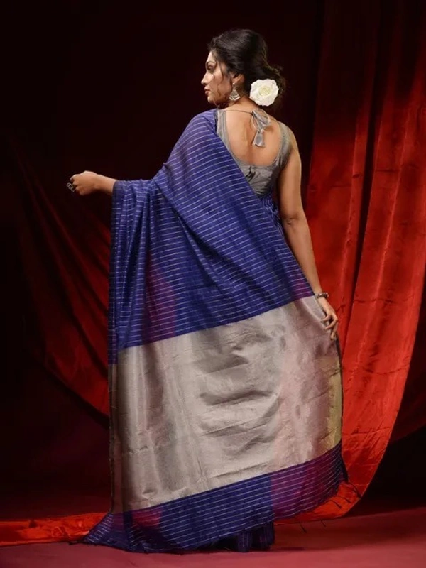 Handloom Zari Strip Gichha Pallu Saree - Blue, Cotton