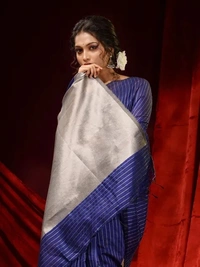 Handloom Zari Strip Gichha Pallu Saree - Blue, Cotton