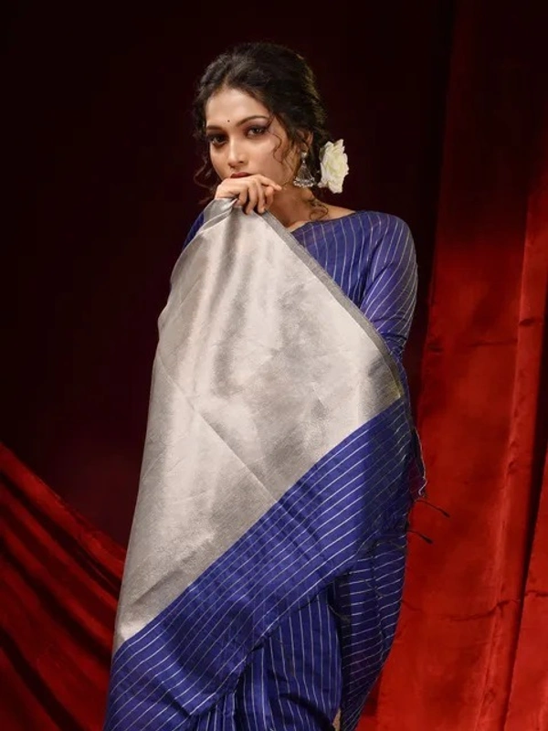 Handloom Zari Strip Gichha Pallu Saree - Blue, Cotton