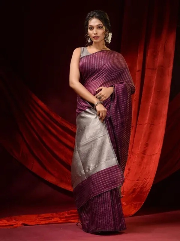 Handloom Zari Strip Gichha Pallu Saree - Buccaneer, Cotton