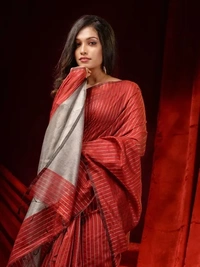 Handloom Zari Strip Gichha Pallu Saree - Red, Cotton