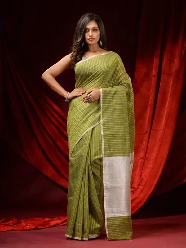 Handloom Zari Strip Gichha Pallu Saree - Olive, Cotton