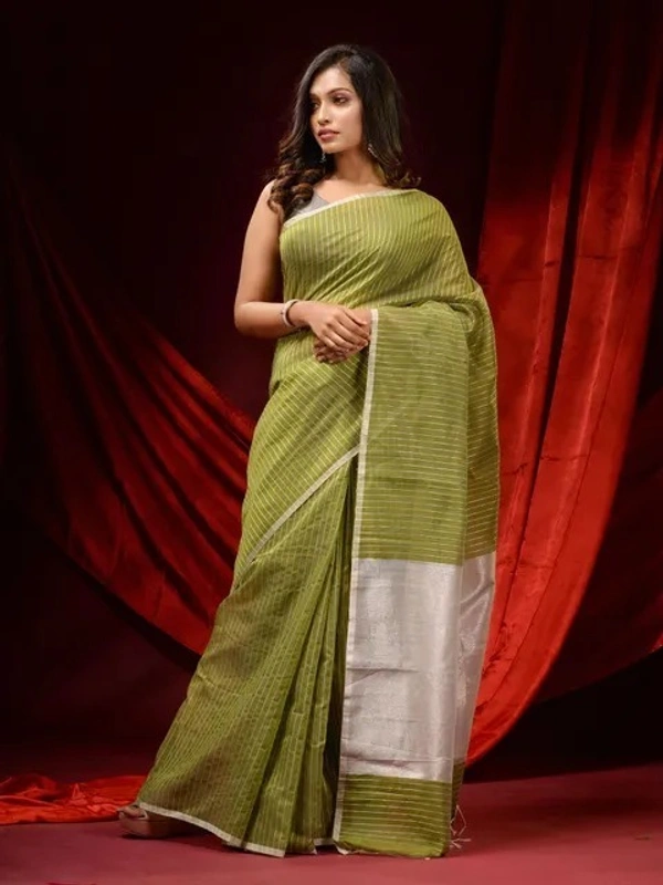 Handloom Zari Strip Gichha Pallu Saree - Olive, Cotton