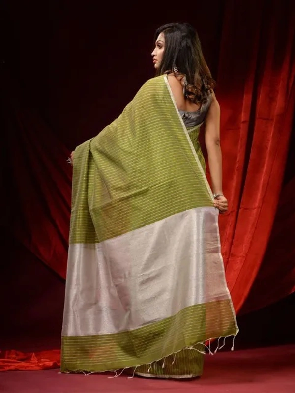 Handloom Zari Strip Gichha Pallu Saree - Olive, Cotton