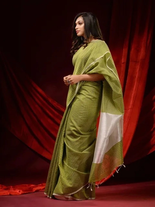 Handloom Zari Strip Gichha Pallu Saree - Olive, Cotton