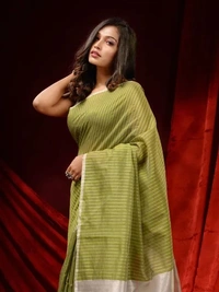 Handloom Zari Strip Gichha Pallu Saree - Olive, Cotton