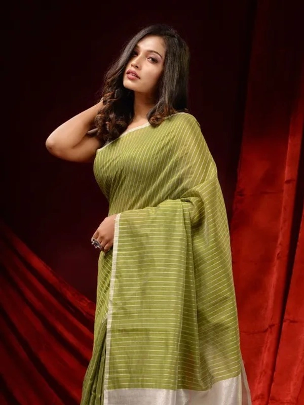 Handloom Zari Strip Gichha Pallu Saree - Olive, Cotton