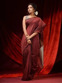 Handloom Zari Strip Gichha Pallu Saree - Maroon, Cotton