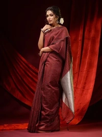 Handloom Zari Strip Gichha Pallu Saree - Maroon, Cotton
