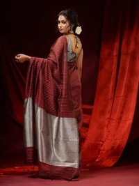 Handloom Zari Strip Gichha Pallu Saree - Maroon, Cotton