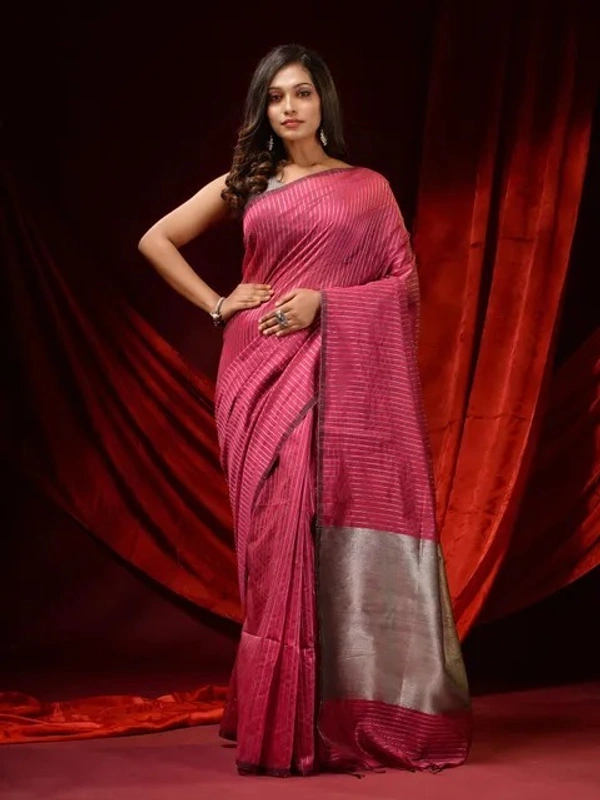 Handloom Zari Strip Gichha Pallu Saree - Cranberry, Cotton