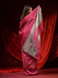 Handloom Zari Strip Gichha Pallu Saree - Cranberry, Cotton