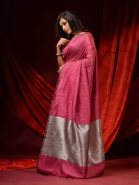 Handloom Zari Strip Gichha Pallu Saree - Cranberry, Cotton