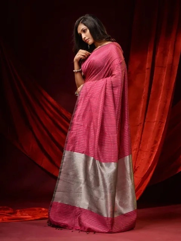 Handloom Zari Strip Gichha Pallu Saree - Cranberry, Cotton