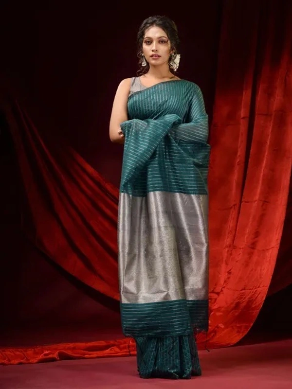 Handloom Zari Strip Gichha Pallu Saree - Deep Sea Green, Cotton