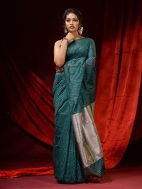 Handloom Zari Strip Gichha Pallu Saree - Deep Sea Green, Cotton