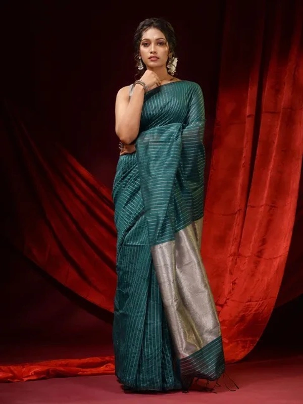 Handloom Zari Strip Gichha Pallu Saree - Deep Sea Green, Cotton