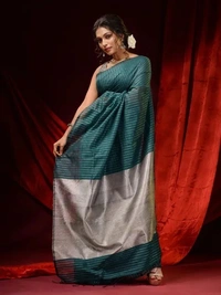 Handloom Zari Strip Gichha Pallu Saree - Deep Sea Green, Cotton