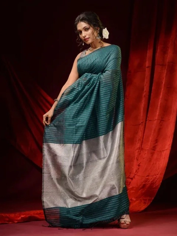 Handloom Zari Strip Gichha Pallu Saree - Deep Sea Green, Cotton