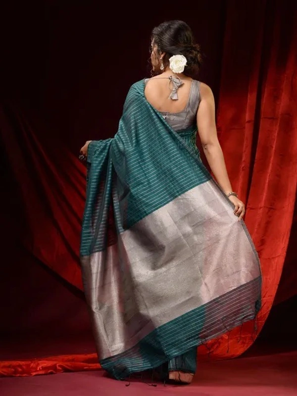 Handloom Zari Strip Gichha Pallu Saree - Deep Sea Green, Cotton