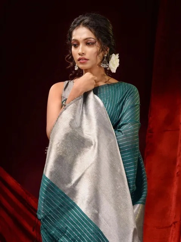 Handloom Zari Strip Gichha Pallu Saree - Deep Sea Green, Cotton