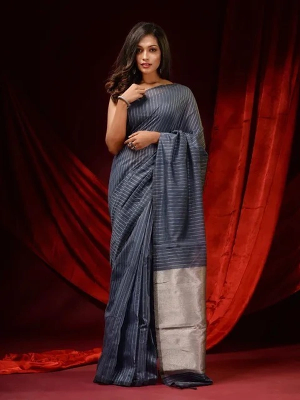 Handloom Zari Strip Gichha Pallu Saree - Gray, Cotton