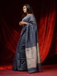 Handloom Zari Strip Gichha Pallu Saree - Gray, Cotton
