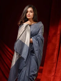 Handloom Zari Strip Gichha Pallu Saree - Gray, Cotton