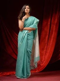 Handloom Zari Strip Gichha Pallu Saree - Seagull, Cotton