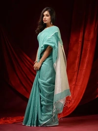 Handloom Zari Strip Gichha Pallu Saree - Seagull, Cotton