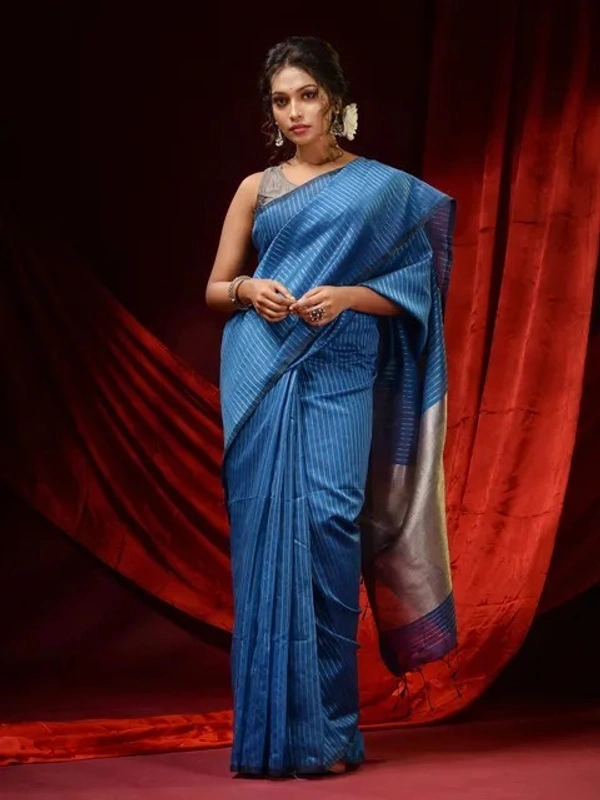 Handloom Zari Strip Gichha Pallu Saree - Cerulean Blue, Cotton