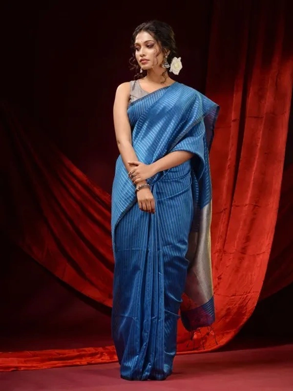 Handloom Zari Strip Gichha Pallu Saree - Cerulean Blue, Cotton