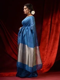 Handloom Zari Strip Gichha Pallu Saree - Cerulean Blue, Cotton