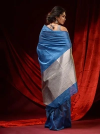 Handloom Zari Strip Gichha Pallu Saree - Cerulean Blue, Cotton