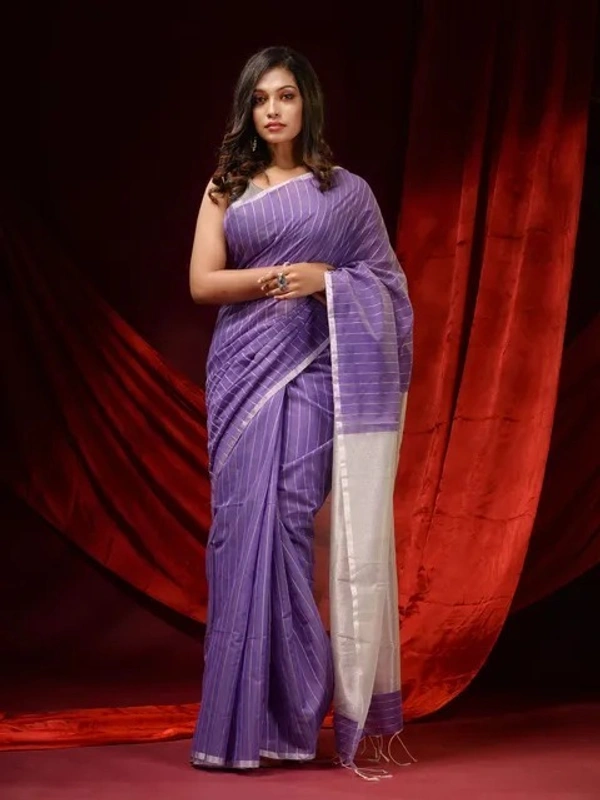 Handloom Zari Strip Gichha Pallu Saree - Electric Violet, Cotton