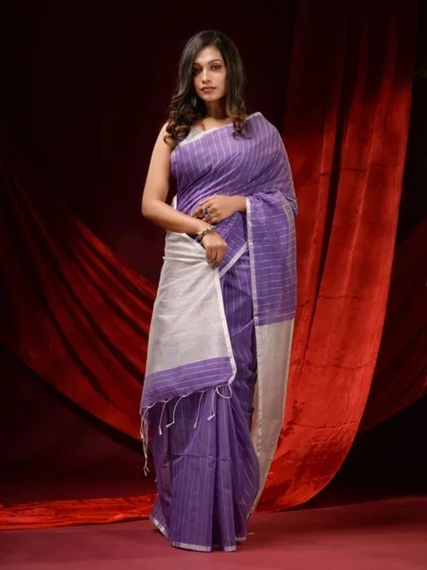 Handloom Zari Strip Gichha Pallu Saree - Electric Violet, Cotton