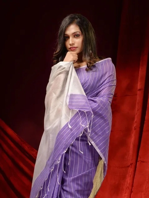 Handloom Zari Strip Gichha Pallu Saree - Electric Violet, Cotton