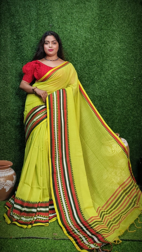 Nilima Handloom Multicolored Woven Border Saree - Lime