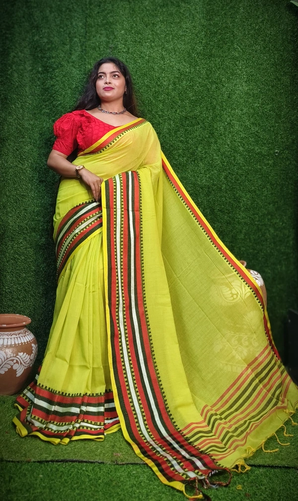 Nilima Handloom Multicolored Woven Border Saree - Lime