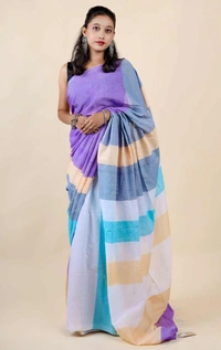 Handloom Multicolored Strips Saree - Electric Violet