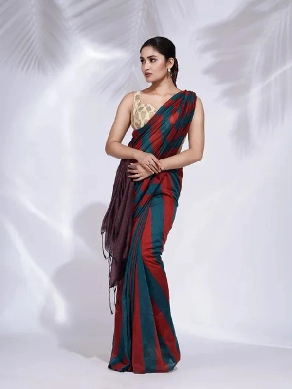 Handloom Multicolored Strips Saree - Cotton, Cotton (CK)