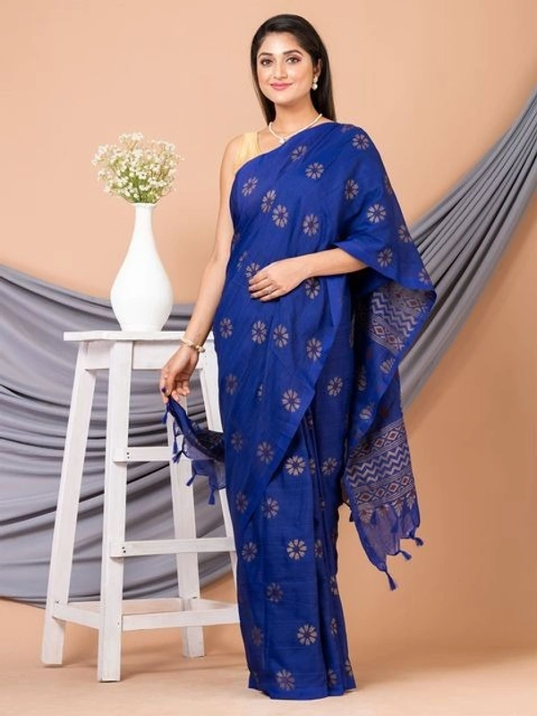 Floral Hand Golden Paint Saree - Blue