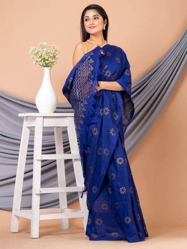 Floral Hand Golden Paint Saree - Blue