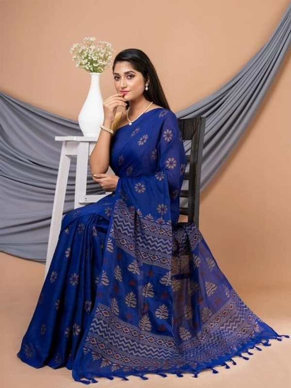 Floral Hand Golden Paint Saree - Blue