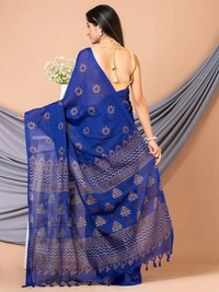 Floral Hand Golden Paint Saree - Blue