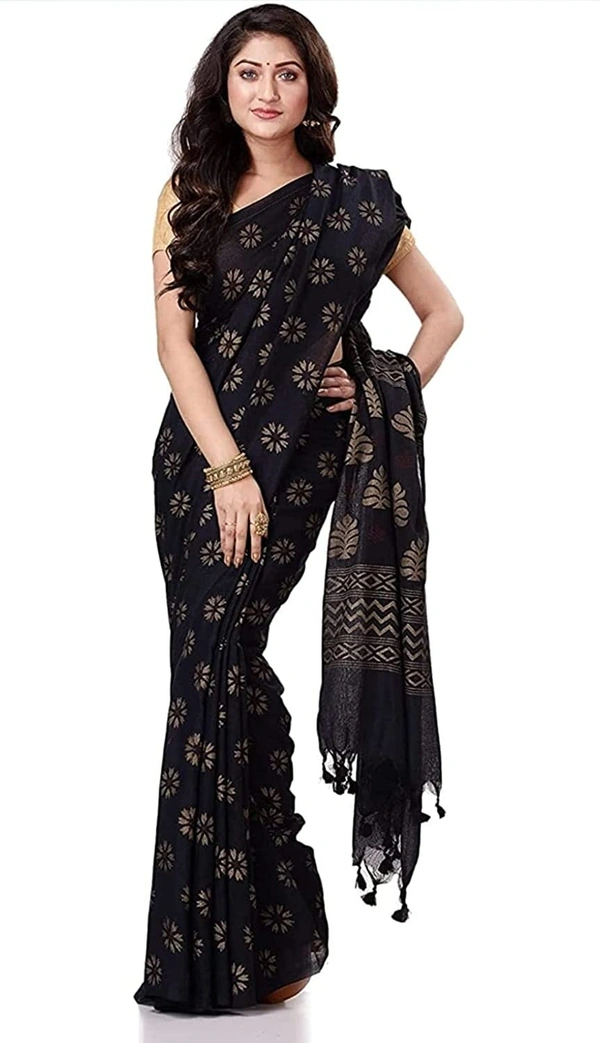 Golden Floral Hand Paint Saree - Black