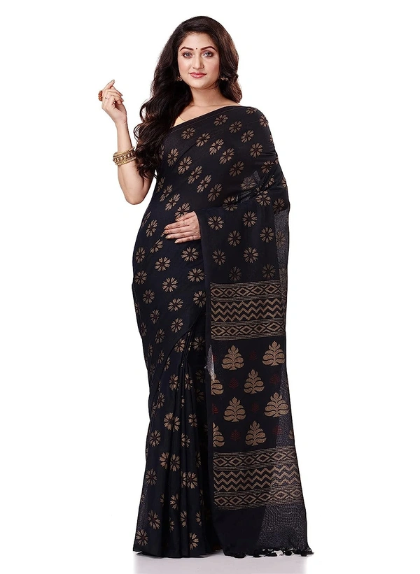 Golden Floral Hand Paint Saree - Black